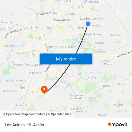 Les Aulnes to Avelin map