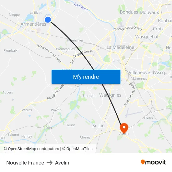 Nouvelle France to Avelin map