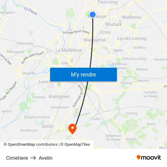 Cimetiere to Avelin map