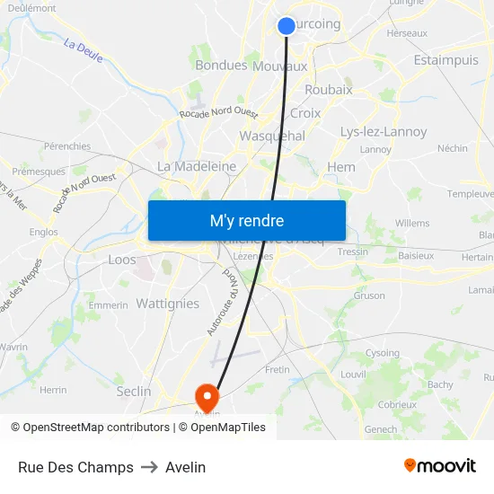 Rue Des Champs to Avelin map