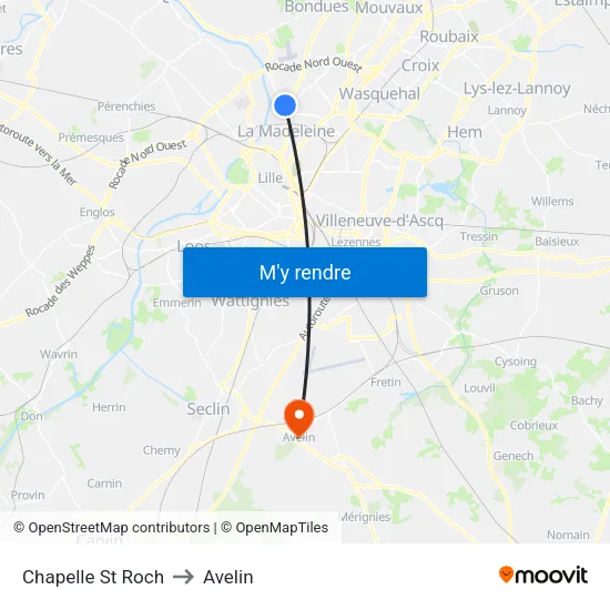 Chapelle St Roch to Avelin map