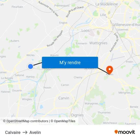 Calvaire to Avelin map