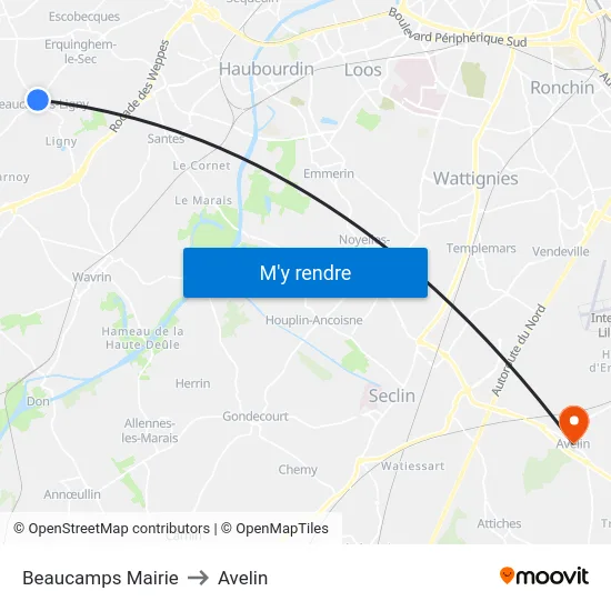 Beaucamps Mairie to Avelin map