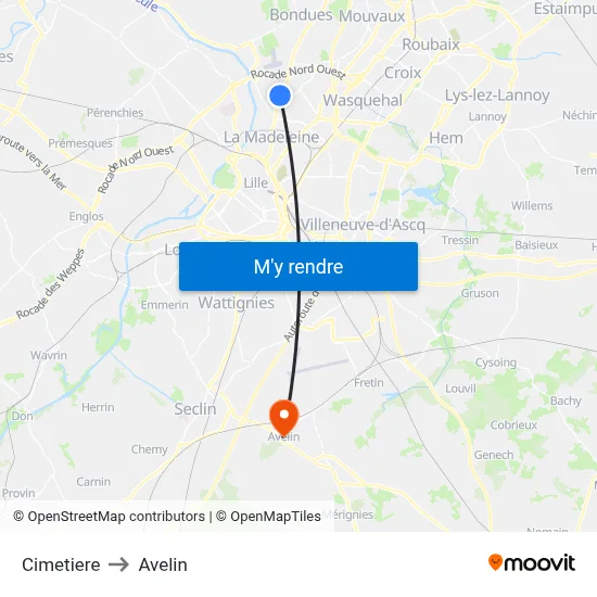 Cimetiere to Avelin map