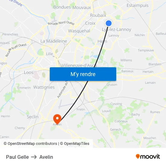Paul Gelle to Avelin map