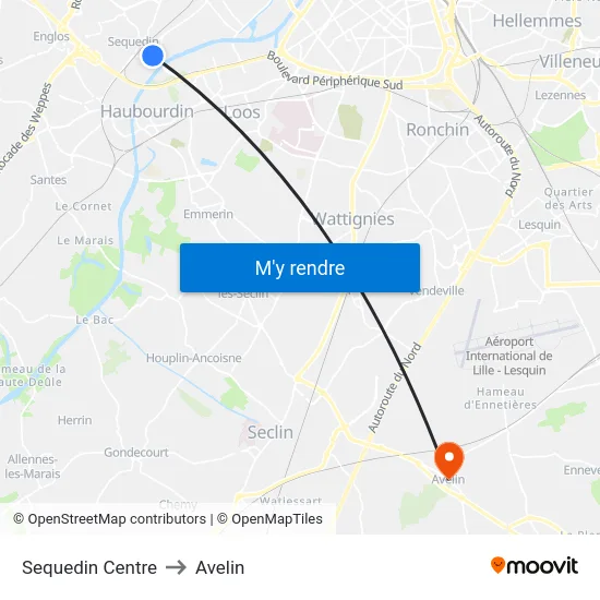 Sequedin Centre to Avelin map