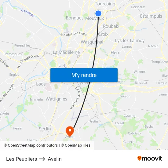 Les Peupliers to Avelin map