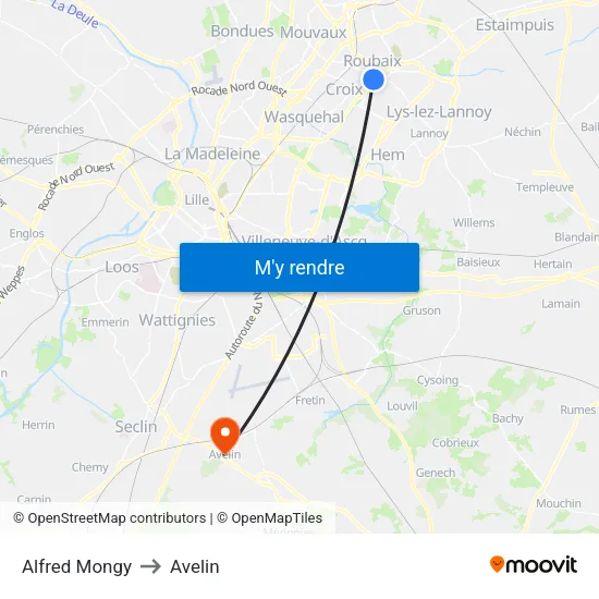 Alfred Mongy to Avelin map