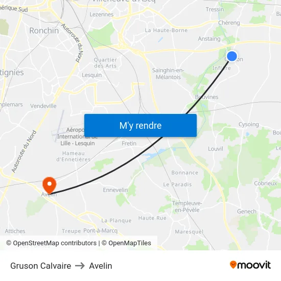 Gruson Calvaire to Avelin map