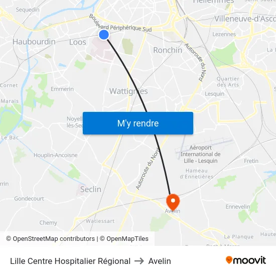 Lille Centre Hospitalier Régional to Avelin map