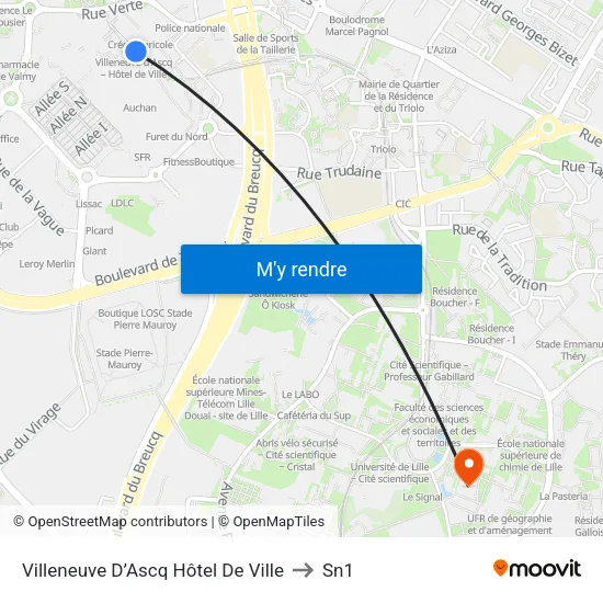 Villeneuve D’Ascq Hôtel De Ville to Sn1 map