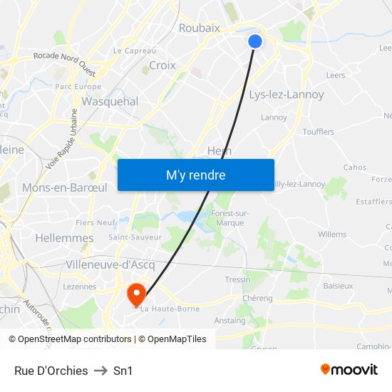 Rue D'Orchies to Sn1 map