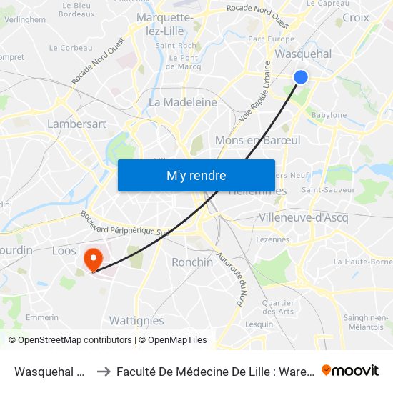 Wasquehal Pavé De Lille to Faculté De Médecine De Lille : Warembourg 2 - Pôle Formation map