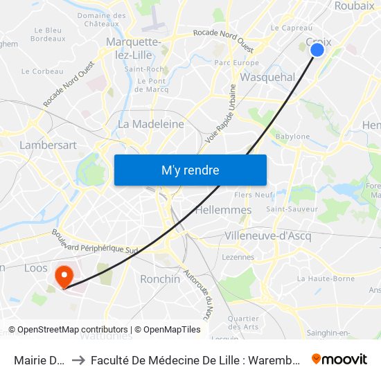 Mairie De Croix to Faculté De Médecine De Lille : Warembourg 2 - Pôle Formation map