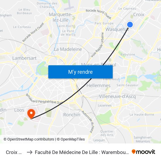 Croix Centre to Faculté De Médecine De Lille : Warembourg 2 - Pôle Formation map