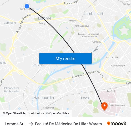 Lomme St-Philibert to Faculté De Médecine De Lille : Warembourg 2 - Pôle Formation map