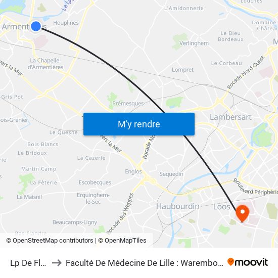 Lp De  Flandres to Faculté De Médecine De Lille : Warembourg 2 - Pôle Formation map