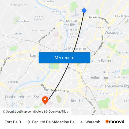 Fort De Bondues to Faculté De Médecine De Lille : Warembourg 2 - Pôle Formation map