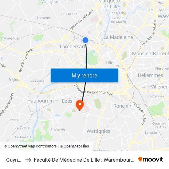 Guynemer to Faculté De Médecine De Lille : Warembourg 2 - Pôle Formation map