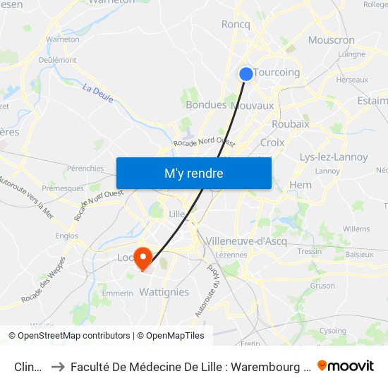 Clinquet to Faculté De Médecine De Lille : Warembourg 2 - Pôle Formation map