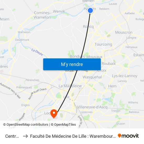 Centre Ville to Faculté De Médecine De Lille : Warembourg 2 - Pôle Formation map