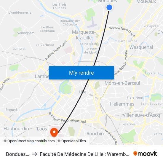 Bondues Centre to Faculté De Médecine De Lille : Warembourg 2 - Pôle Formation map