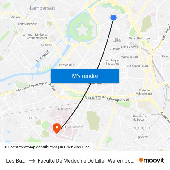 Les Bateliers to Faculté De Médecine De Lille : Warembourg 2 - Pôle Formation map