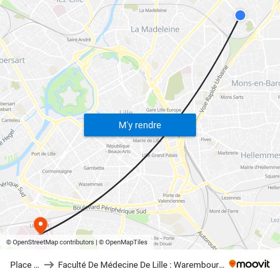 Place Tiers to Faculté De Médecine De Lille : Warembourg 1 - Pôle Recherche map