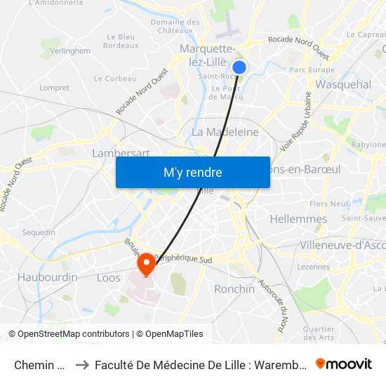 Chemin Wervicq to Faculté De Médecine De Lille : Warembourg 1 - Pôle Recherche map