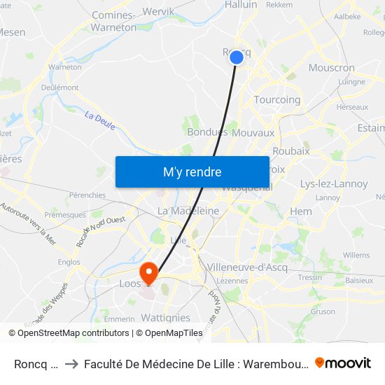 Roncq Place to Faculté De Médecine De Lille : Warembourg 1 - Pôle Recherche map