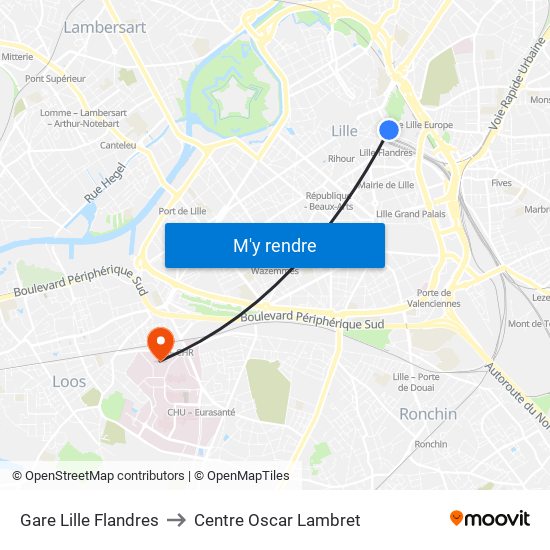 Gare Lille Flandres to Centre Oscar Lambret map