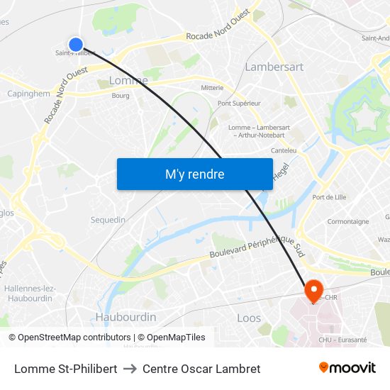 Lomme St-Philibert to Centre Oscar Lambret map