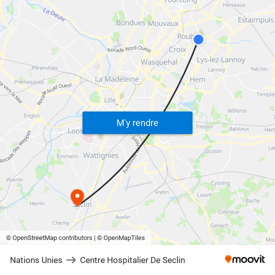 Nations Unies to Centre Hospitalier De Seclin map