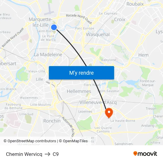 Chemin Wervicq to C9 map