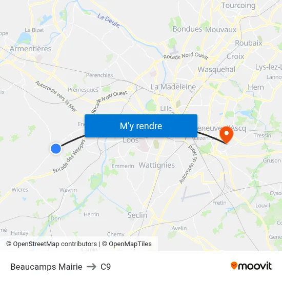 Beaucamps Mairie to C9 map