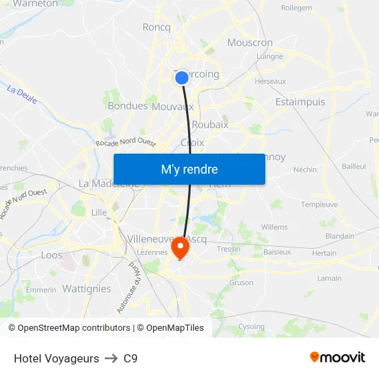 Hotel Voyageurs to C9 map