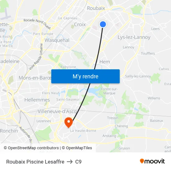 Roubaix Piscine Lesaffre to C9 map