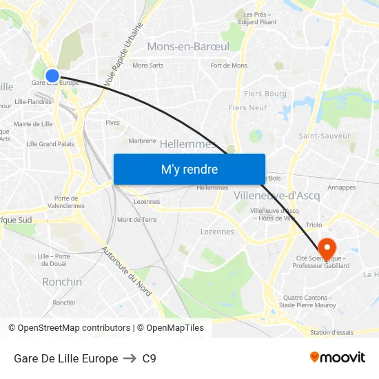 Gare De Lille Europe to C9 map