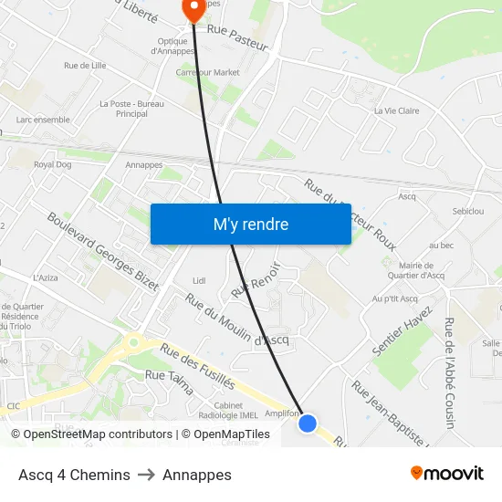 Ascq 4 Chemins to Annappes map