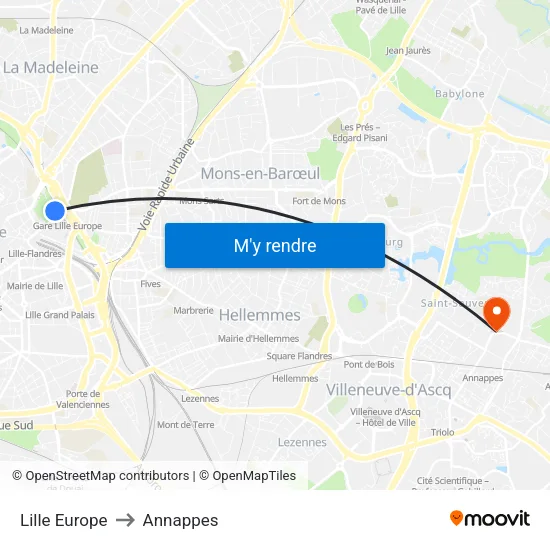 Lille Europe to Annappes map