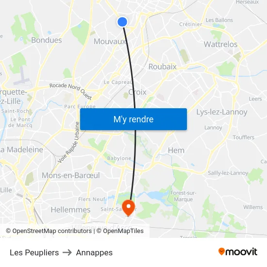 Les Peupliers to Annappes map