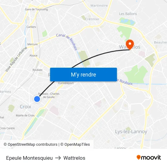 Epeule Montesquieu to Wattrelos map