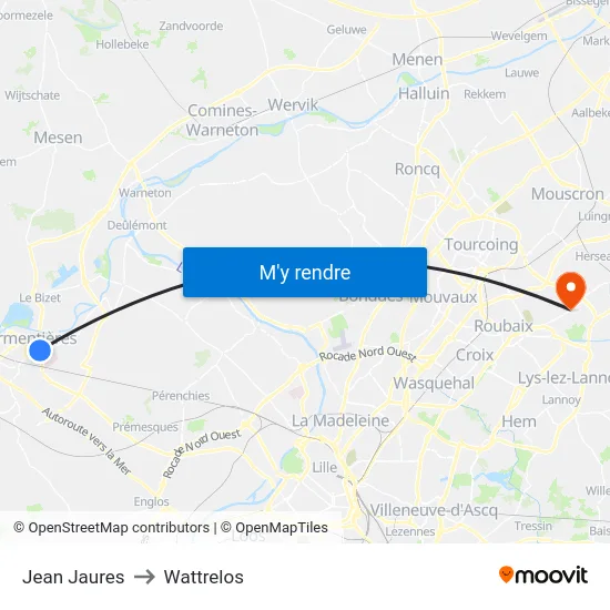 Jean Jaures to Wattrelos map