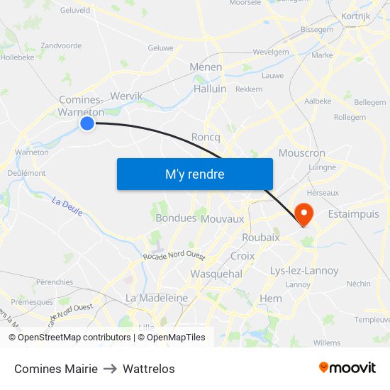 Comines Mairie to Wattrelos map