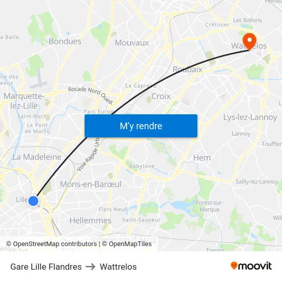 Gare Lille Flandres to Wattrelos map