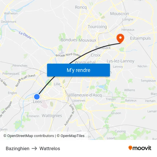 Bazinghien to Wattrelos map