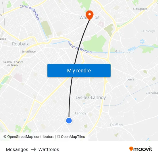Mesanges to Wattrelos map
