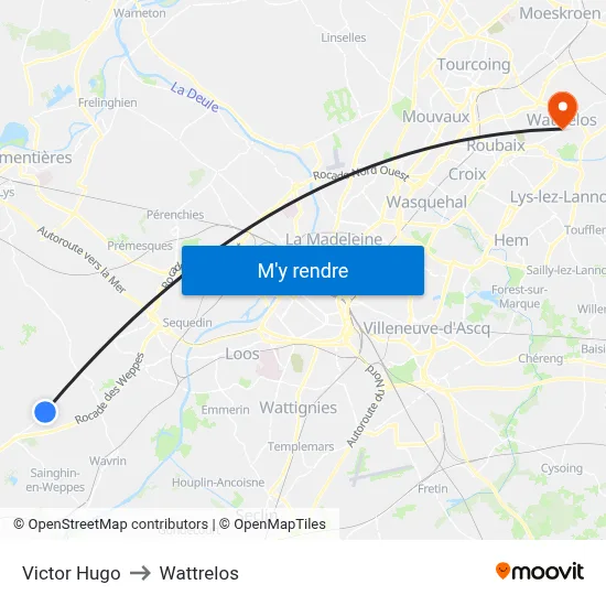 Victor Hugo to Wattrelos map