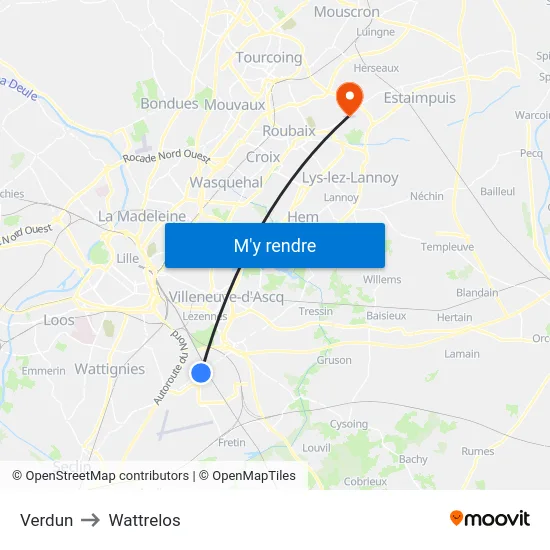 Verdun to Wattrelos map