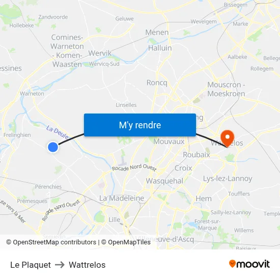Le Plaquet to Wattrelos map